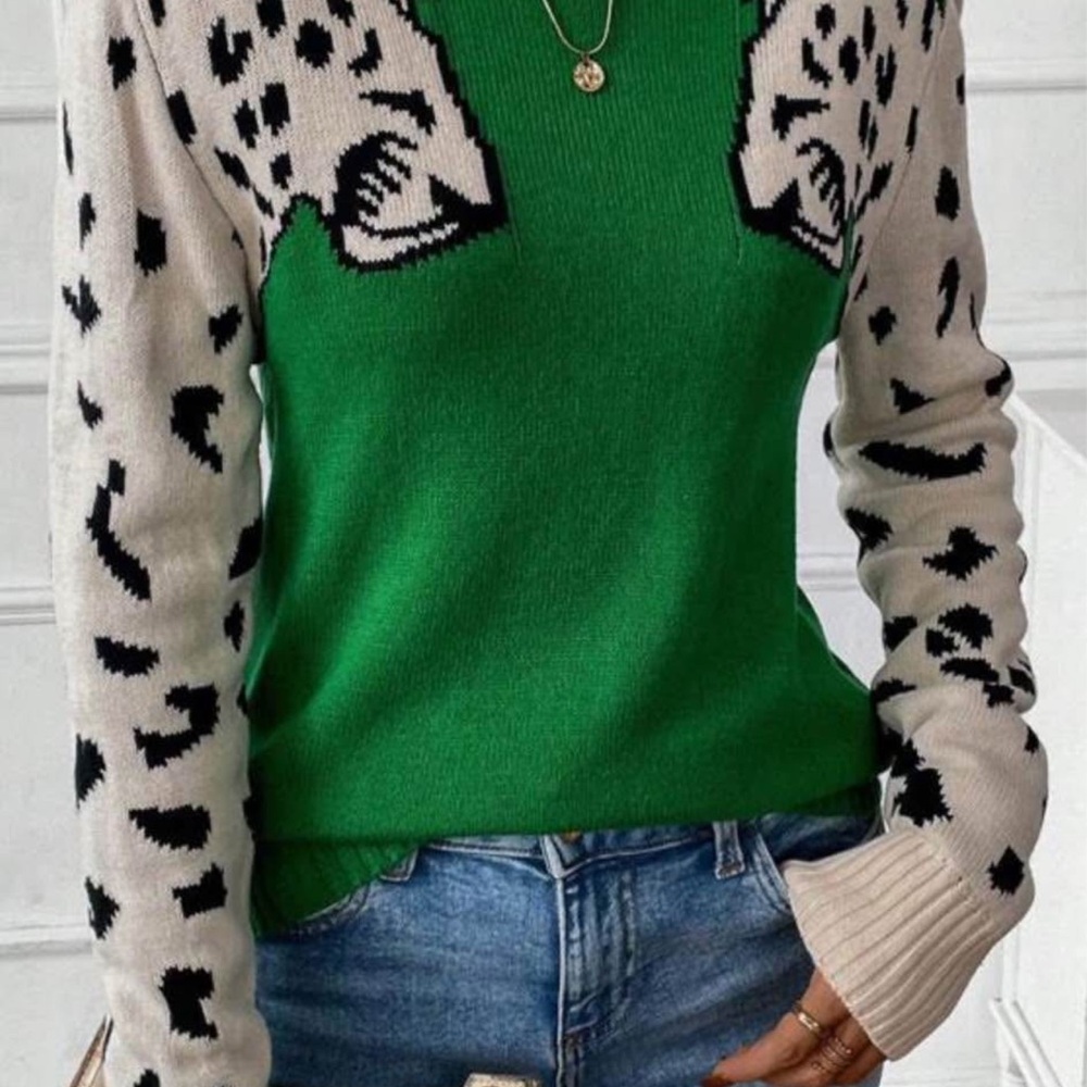 Green and Cream Leopard Print Sweater